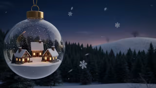 A glass ornament holding a tiny lit village, against a dark snowy night.