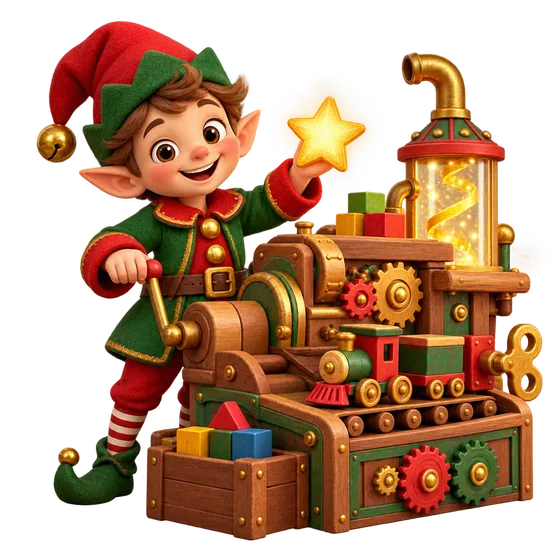 An elf making toys in a magical workshop
